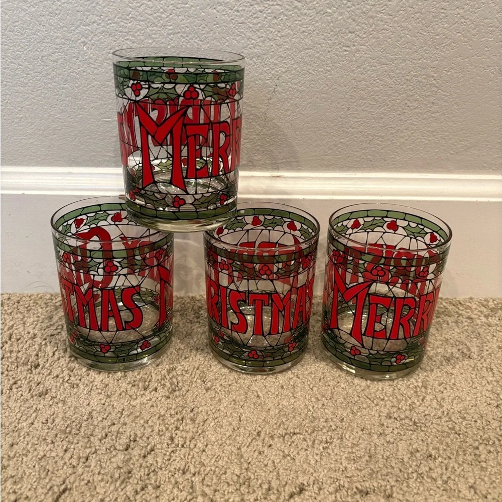 1970’s Cera Merry Christmas Holly Stained Glass Old Fashion Glasses Set of 4 EUC